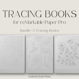 May include: A bundle of three tracing books for the reMarkable Paper Pro tablet. The books feature a variety of designs, including a topographic map, a floral pattern, and a letter A surrounded by flowers.