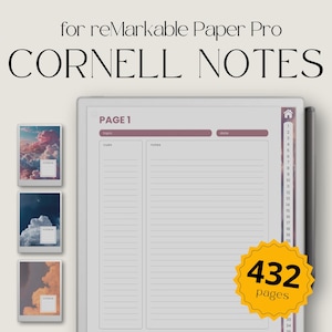 Pode incluir: Um modelo de caderno digital para o tablet reMarkable Paper Pro. O modelo é projetado para tomar notas de Cornell e apresenta uma página com seções para dicas, notas e uma data. O modelo é etiquetado como "PAGE 1" e inclui uma nota que indica que há 432 páginas no total.