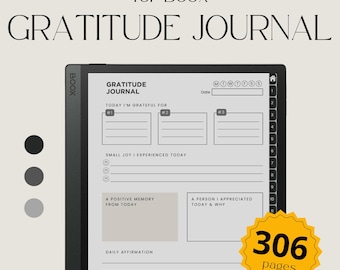 May include: A digital gratitude journal for Boox with a minimalist design. The journal features prompts for daily reflection, including sections for gratitude, positive memories, and affirmations. It has 306 pages.