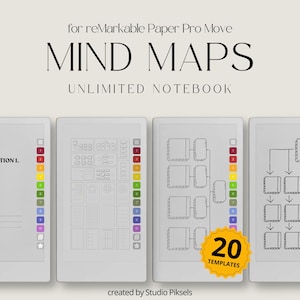 May include: A digital notebook with mind map templates for reMarkable Paper Pro Move. The image shows several white tablets with different mind map designs. The text reads "MIND MAPS" and "UNLIMITED NOTEBOOK". A yellow starburst graphic reads "20 TEMPLATES".