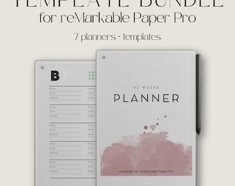 Può includere: Un pacchetto di modelli digitali per reMarkable Paper Pro. L'immagine mostra due agende digitali, una con una "B" e l'altra con il testo "52 WEEKS PLANNER". Il pacchetto include 7 agende e modelli. È visibile uno stilo.