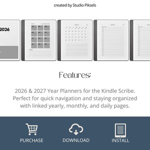 May include: Digital planner for Kindle Scribe, featuring 2026 and 2027 year planners. The image shows a series of digital pages with calendar layouts and the text "Features:" and "PURCHASE, DOWNLOAD, INSTALL".
