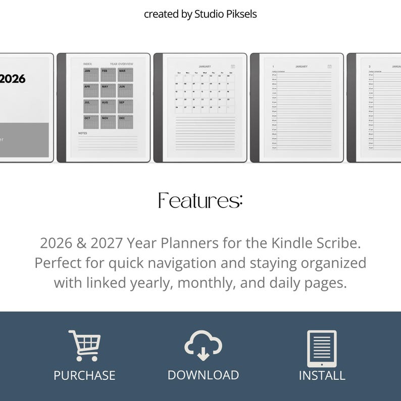 May include: Digital planner for Kindle Scribe, featuring 2026 and 2027 year planners. The image shows a series of digital pages with calendar layouts and the text "Features:" and "PURCHASE, DOWNLOAD, INSTALL".