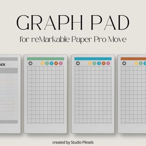 May include: Digital graph pads for reMarkable Paper Pro Move. The image displays several digital notepads with graph paper grids. Each pad has a coloured bar at the top with numbered circles. The text "GRAPH PAD" is at the top of the image.