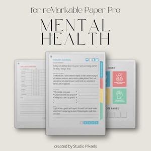 May include: Digital wellness journal for reMarkable Paper Pro, with a therapy journal, wellness tracker, and index. The design includes colourful tabs and the text "MENTAL HEALTH". Created by Studio Piksel.