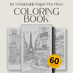 Könnte beinhalten: Ein digitales Malbuch für reMarkable Paper Pro Move. Das Bild zeigt drei digitale Tablets mit Schwarz-Weiß-Strichzeichnungen europäischer Stadtlandschaften. Der Text auf dem Bild lautet "COLORING BOOK" und "60 pages". Ein schwarzer Stift ist ebenfalls sichtbar.