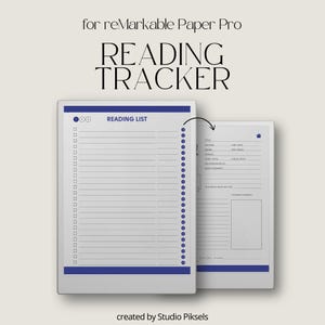 May include: Two digital reading trackers for reMarkable Paper Pro. The first tracker is a reading list with a blue border and the text "READING LIST". The second tracker has fields for title, author, and notes. The text "READING TRACKER" is at the top.