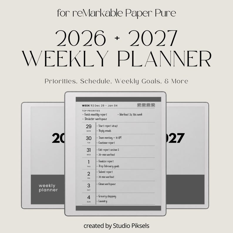 Hyperlinked Weekly Planner for reMarkable Paper Pure: Linked 2026 + 2027 Weekly Calendar With Quarterly Overview and Week Priority Planners