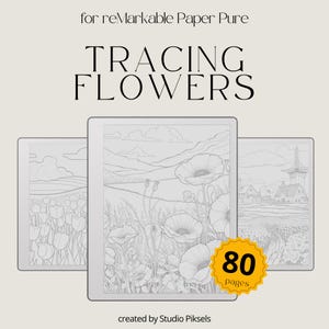 May include: A digital tracing book for reMarkable Paper Pure titled TRACING FLOWERS, featuring 80 pages of line art illustrations of floral landscapes, poppy fields, and rural scenes with windmills, presented in a clear, black and white format.