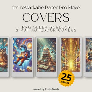 May include: A promotional image for reMarkable Paper Pro Move covers. The image features several digital covers with fantasy themes, including an astronaut reading in space and a library scene. The image also includes the text "25 Covers."