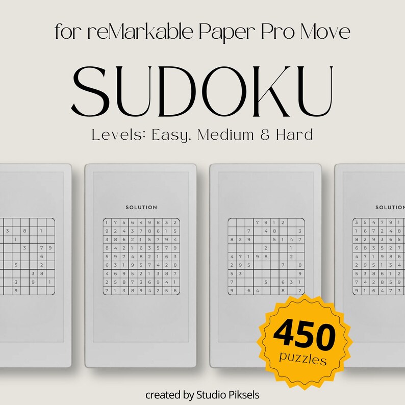 Sudoku Puzzle Book Bundle for reMarkable Paper Pro Move: Adult Puzzle Book With 450 Easy, Medium & Hard Puzzles With Solutions