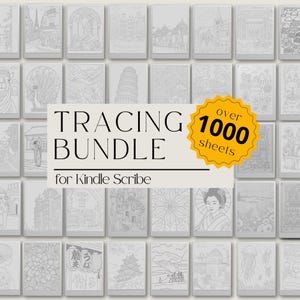 Könnte beinhalten: Eine Sammlung von Graustufen-Tracing-Seiten für den Kindle Scribe mit verschiedenen Illustrationen. Der Text "TRACING BUNDLE for Kindle Scribe" ist zu sehen, zusammen mit einem gelben Badge mit der Aufschrift "over 1000 sheets".