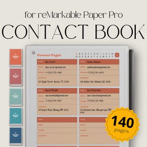 Könnte beinhalten: Ein druckbares Kontaktbuch für das reMarkable Paper Pro Tablet. Das Buch hat 140 Seiten und enthält eine Kontaktseitenvorlage mit Feldern für Name, E-Mail, Telefon und Adresse. Die Vorlage ist in Pfirsichfarbe mit schwarzem Rand.