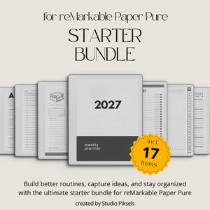 Op de afbeelding: Een digitaal planner starterspakket voor reMarkable Paper Pure met diverse paginalay-outs, waaronder een 2027 weekplanner cover. Een geel stervormig label toont de tekst incl. 17 items. Het ontwerp bevat zwarte en witte grafische elementen.