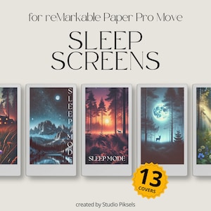 May include: A collection of digital sleep screens for reMarkable Paper Pro Move. The screens feature landscape art with forest, starry night, and sunset scenes. The text on the screens reads "SLEEP SCREENS" and "SLEEP MODE". The image includes a yellow badge that says "13 COVERS".