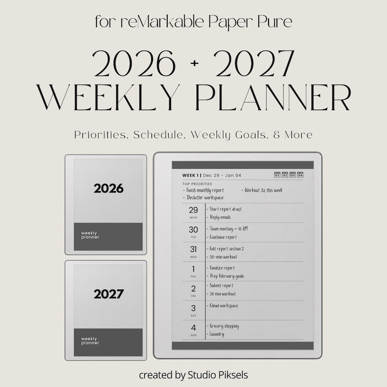 Hyperlinked Weekly Planner for reMarkable Paper Pure: Linked 2026 + 2027 Weekly Calendar With Quarterly Overview and Week Priority Planners
