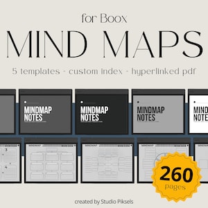 以下が含まれることがあります： Boox用のデジタルマインドマップテンプレート。タイトルは「MIND MAPS」。5つのテンプレート、カスタムインデックス、ハイパーリンク付きPDFが含まれています。さまざまなマインドマップのレイアウトと、「260ページ」と書かれた黄色のバッジが表示されています。