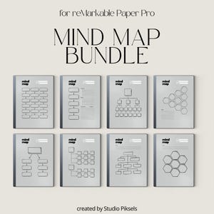 May include: A digital mind map bundle for reMarkable Paper Pro featuring eight distinct templates. Each page displays the text 'mind map' with fields for date and subject, showcasing various organizational layouts including flowcharts and hexagonal grids.