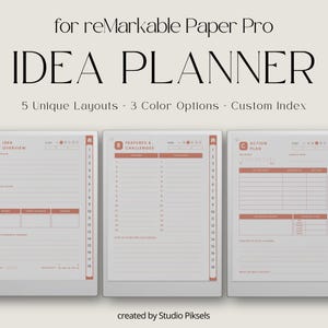 Op de afbeelding: Digitale planner voor reMarkable Paper Pro met de tekst "IDEA PLANNER". De planner heeft 5 unieke lay-outs, 3 kleuropties en een aangepaste index. Het ontwerp bevat secties voor idee-overzicht, functies & uitdagingen en actieplan.