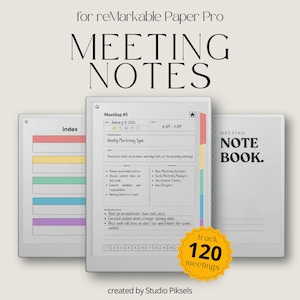 May include: Digital meeting notes for reMarkable Paper Pro. The image shows three digital notebooks, one open with a meeting agenda, and two closed. The text includes "MEETING NOTES" and "track 120 meetings."