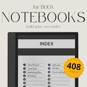 May include: A black and white image of a BOOX e-reader with a digital index on the screen. The index lists 17 items, including "New Project", "Sales Goal", "Marketing Plan", and "Branding". The screen also displays the text "INDEX" and "408 pages".