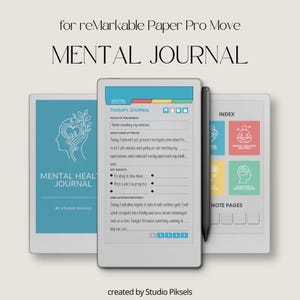 Puede incluir: Un diario mental digital para reMarkable Paper Pro Move. El diario presenta una cubierta azul con un contorno blanco de una cabeza y hojas. Incluye páginas de terapia, un índice y páginas de notas. Se incluye un lápiz óptico negro.