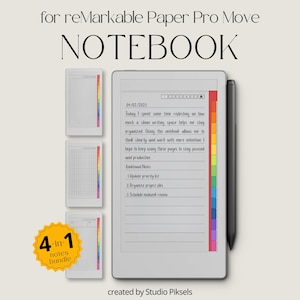 Könnte beinhalten: Ein digitales Notizbuch-Bundle für reMarkable Paper Pro Move. Das Bild zeigt ein weißes Tablet mit einem Stift und drei kleinere digitale Notizbücher. Das Haupt-Tablet zeigt handschriftliche Notizen. Ein gelber Aufkleber lautet "4-in-1 Notizen-Bundle."