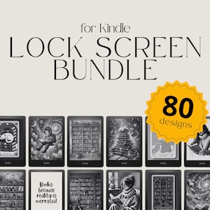 May include: A collection of 80 black and white Kindle lock screen designs featuring various book-themed illustrations. The designs include images of books, libraries, and people reading. The text "Books: because reality is overrated." is featured in one of the designs.