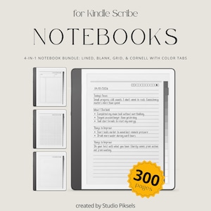 May include: Digital notebook bundle for Kindle Scribe with lined, blank, grid, and Cornell pages. The image shows a tablet with a notebook layout, a 300-page count, and the text "NOTEBOOKS". The bundle includes colour tabs.