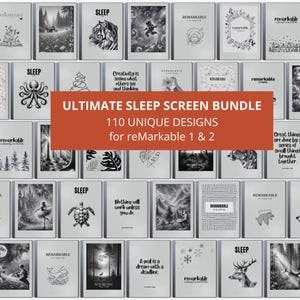 May include: A collage of 20 black and white images for the reMarkable tablet. The images are mostly nature-themed and include a tiger, a deer, a turtle, a mountain range, a forest, and a snowflake. The text "ULTIMATE SLEEP SCREEN BUNDLE" and "110 UNIQUE DESIGNS for reMarkable 1 & 2" is displayed in a red rectangle in the centre of the image.