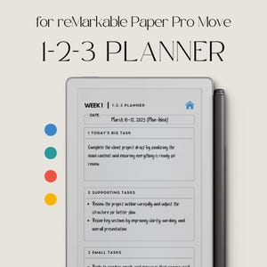 Può includere: Un pianificatore digitale per reMarkable Paper Pro Move, con il testo "1-2-3 PLANNER". Il pianificatore mostra un layout settimanale con attività e un intervallo di date dal 10 al 12 marzo 2025. Una penna stilo è visibile a destra.