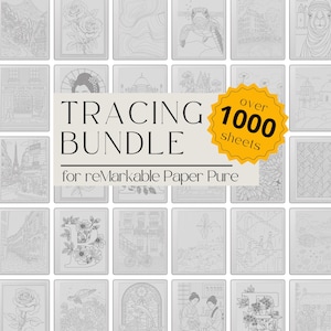 May include: A tracing bundle for reMarkable Paper Pure, featuring over 1000 sheets. The image showcases a grid of various grayscale designs, including landscapes, floral patterns, and architectural sketches, perfect for digital art and creative projects.