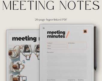 Könnte beinhalten: Ein 29-seitiges, hyperverlinktes PDF-Dokument zum Erstellen von Notizen für Besprechungen. Das Dokument enthält Abschnitte für Thema, Datum, Ort, Teilnehmer, Diskussion, Aktionspunkte, Zuweisung und Frist. Die Titelseite zeigt eine Illustration einer laufenden Besprechung.