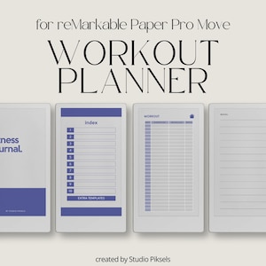 May include: A digital workout planner for the reMarkable Paper Pro Move. The planner features a white background with blue accents and text. The planner includes sections for index, workout tracking, and notes. The text "WORKOUT PLANNER" is displayed at the top.
