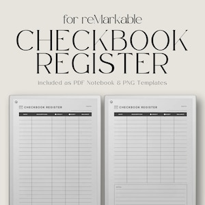 Puede incluir: Una plantilla digital de registro de chequera para tabletas reMarkable. La imagen muestra dos cuadernos digitales con un diseño de cuadrícula para el seguimiento de las finanzas. El texto en la parte superior dice "CHECKBOOK REGISTER" y "included as PDF Notebook & PNG Templates."