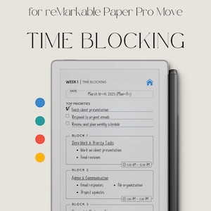 Agenda a blocchi temporali per reMarkable Paper Pro Move: taccuino settimanale per la produttività con blocchi temporali e modelli per il monitoraggio delle attività principali.