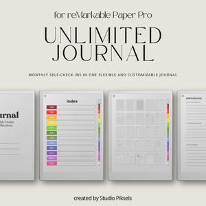 Puede incluir: Un diario digital para reMarkable Paper Pro. La imagen muestra cuatro tabletas blancas con el texto "UNLIMITED JOURNAL" y "MONTHLY SELF-CHECK-INS". Una tableta muestra un índice con pestañas codificadas por colores, y otra muestra una página titulada "INNER DIALOGUE".