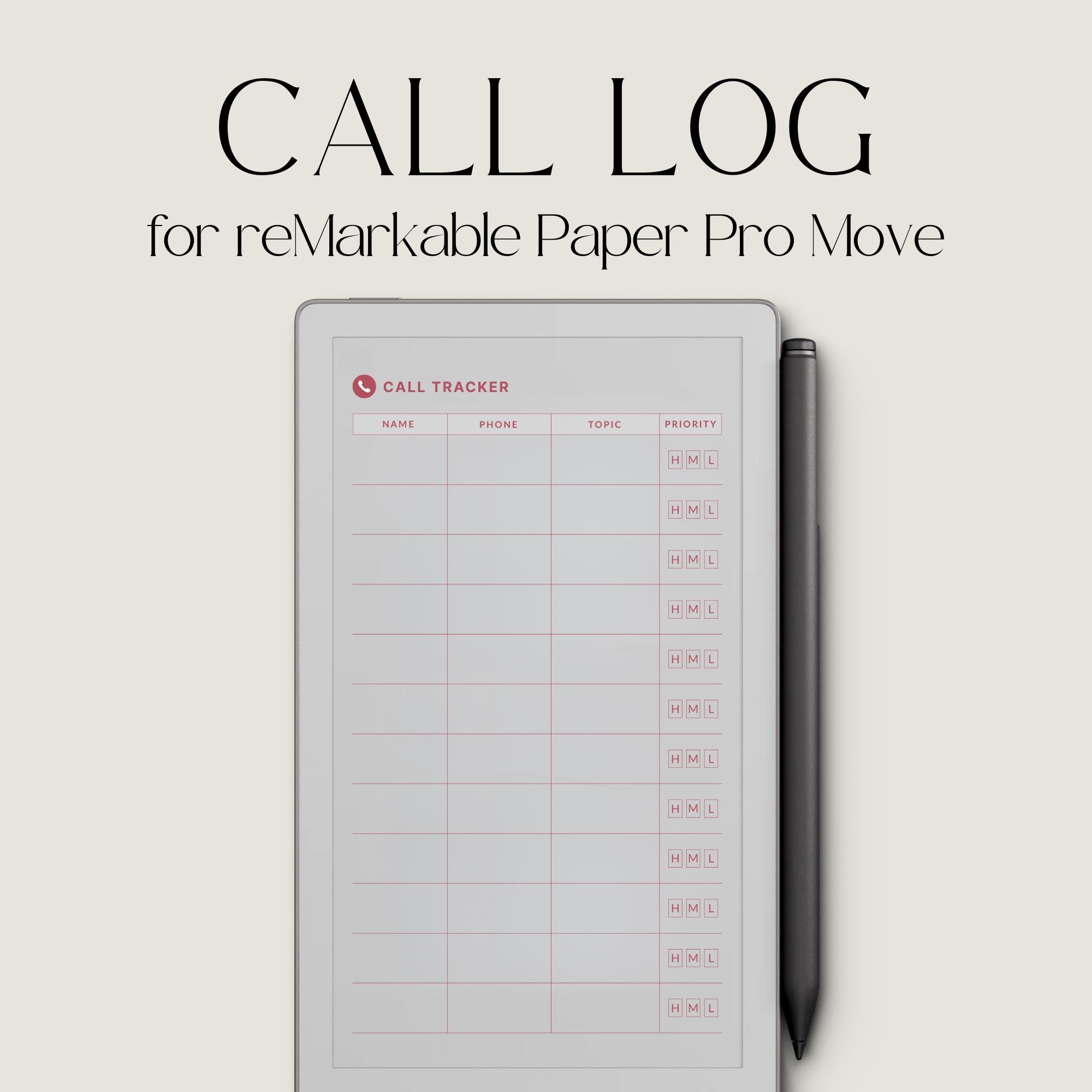 Basic Call Tracker Sample Phone Call Tracker for Remarkable Paper Pro Move, Phone Call Log Book ...