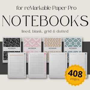 Op de afbeelding: Vier digitale notitieboekjes voor de reMarkable Paper Pro tablet. De notitieboekjes hebben verschillende omslagen met geometrische patronen in zwart en wit, roze en wit, bruin en wit, en blauw en wit. De notitieboekjes zijn open om gelinieerde, blanco, geruite en gestippelde pagina's te laten zien. De tekst "NOTEBOOK" is op elke omslag gedrukt. De tekst "408 pagina's" is gedrukt op een gele ster.