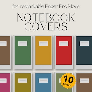 Puede incluir: Cubiertas de cuadernos en varios colores, incluyendo marrón, verde, amarillo, rojo y azul. Cada cubierta tiene una etiqueta blanca. La imagen incluye el texto "NOTEBOOK COVERS" y "10 COVERS".