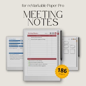 Op de afbeelding: Een digitale tablet toont notities met de tekst "Meeting Notes" en "Meeting Minutes". De tablet heeft een rood-wit kleurenschema met een stylus. De afbeelding bevat ook een gele badge met de tekst "186 pagina's".