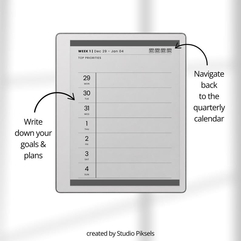 Hyperlinked Weekly Planner for reMarkable Paper Pure: Linked 2026 + 2027 Weekly Calendar With Quarterly Overview and Week Priority Planners