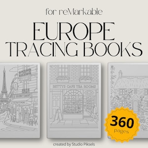 May include: Black and white line art illustrations of European buildings and shops. The illustrations include a Parisian cafe, a London tea shop, and a cottage. The text "EUROPE TRACING BOOKS" is at the top of the image. The text "360 pages" is in a yellow circle at the bottom right of the image.