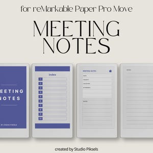 May include: Digital meeting notes template for reMarkable Paper Pro Move. The design features a white background with blue accents. The text "MEETING NOTES" is displayed prominently. The template includes sections for index, date, subject, location, attendees, and notes.