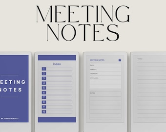 Könnte beinhalten: Digitale Vorlage für Besprechungsnotizen für reMarkable Paper Pro Move. Das Design hat einen weißen Hintergrund mit blauen Akzenten. Der Text „MEETING NOTES“ wird prominent angezeigt. Die Vorlage enthält Abschnitte für Index, Datum, Betreff, Ort, Teilnehmer und Notizen.