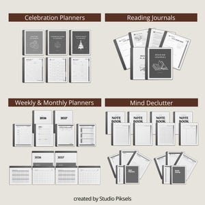 May include: An assortment of planners, journals, and notebooks in a neutral color palette. Categories include Celebration Planners, Reading Journals, Weekly & Monthly Planners, and Mind Declutter. The text "2026" and "2027" are visible on some planners. The text "NOTE BOOK" is also visible.