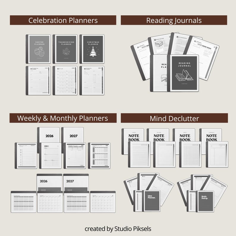 May include: An assortment of planners, journals, and notebooks in a neutral color palette. Categories include Celebration Planners, Reading Journals, Weekly & Monthly Planners, and Mind Declutter. The text "2026" and "2027" are visible on some planners. The text "NOTE BOOK" is also visible.