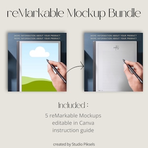 May include: Mockup of a reMarkable tablet with a hand holding a stylus. The tablet screen shows a drawing of a landscape with a cloud. The text "MORE INFORMATION ABOUT YOUR PRODUCT" is displayed above the tablet.