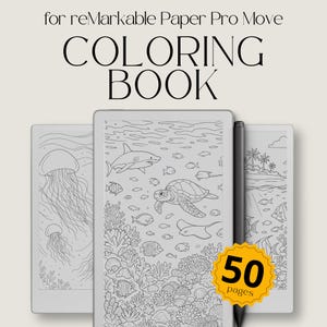 Op de afbeelding: Een digitaal kleurboek voor reMarkable Paper Pro Move, met illustraties over het thema oceaan, waaronder haaien, schildpadden en koraal. Inclusief een zwarte stylus en een gele sticker met 50 pagina's. De tekst op de cover luidt "COLORING BOOK".