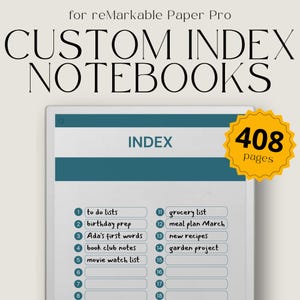 Può includere: Una pagina di indice bianca con un'intestazione blu che dice "INDEX" e una stella gialla con il testo "408 pagine". La pagina è divisa in sezioni numerate con testo scritto a mano che descrive diversi argomenti, come "to do lists", "birthday prep", "grocery list" e "meal plan March".